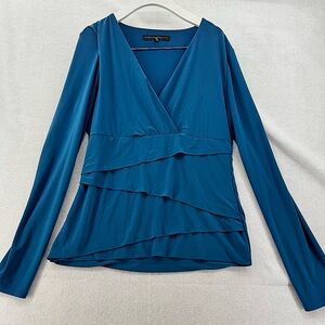 EUC White House Black Market WHBM Long Sleeve Wrap Blouse Teal size Medium